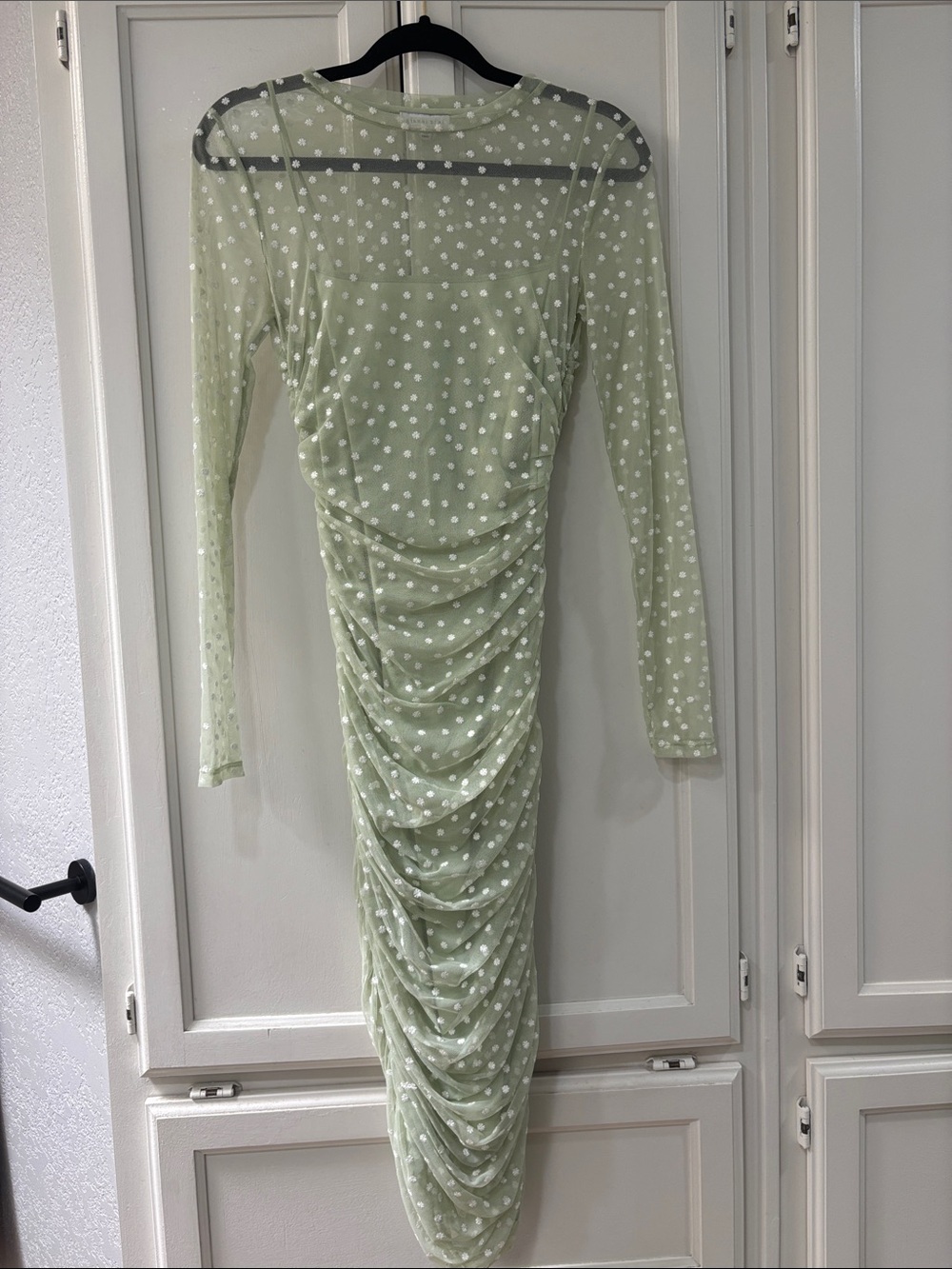 Gianni Bini Light Green Sheer Polka Dot Ruched Long Sleeve Dress